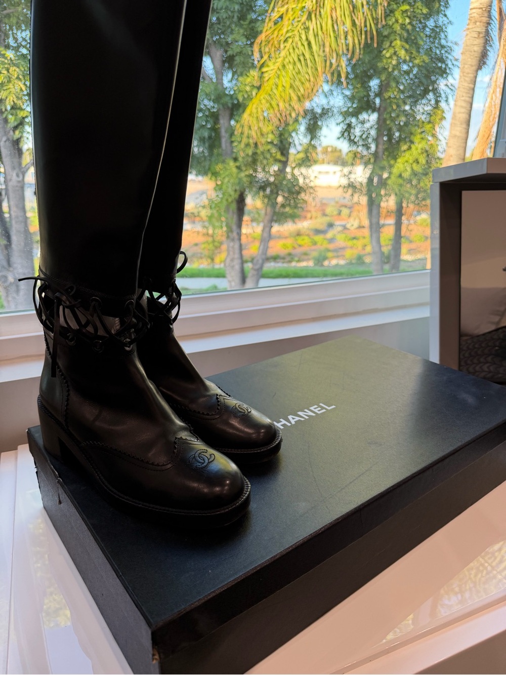 CHANEL Black Leather Knee-High Lace-Up Boots